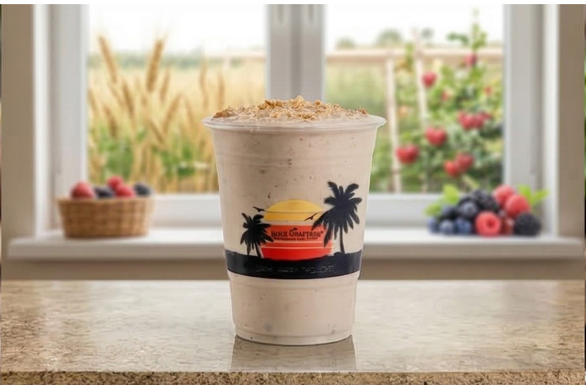 Crunchy Monkey cold-pressed meal replacement smoothie — Almond Milk, Banana, Cacao Powder, Goji Berries, Cacao Nibs, Walnuts, Dates, Cin